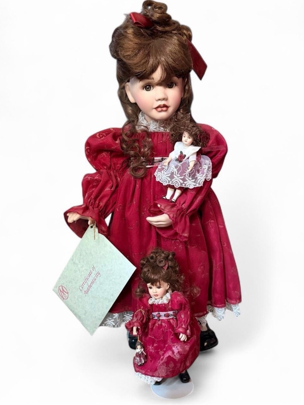 Marie Osmond Porcelain Doll Set in Burgundy